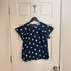 Draper James blouse size 2 Strawberry Print Ruffle Flutter Sleeve Navy Blue